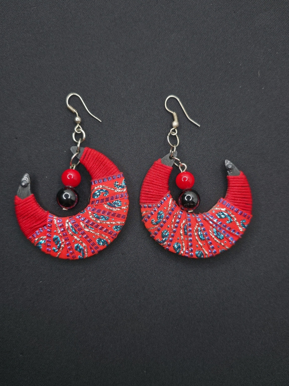 Boho Red Fabric Crescent Moon Dangle Earrings Handmade Tribal Folk Embroidery - Picture 2 of 4